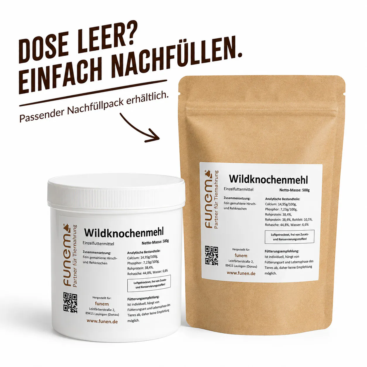 Wildknochenmehl aus Hirsch und Reh von funem in der Vorratsdose mit passendem Nachfüllpack