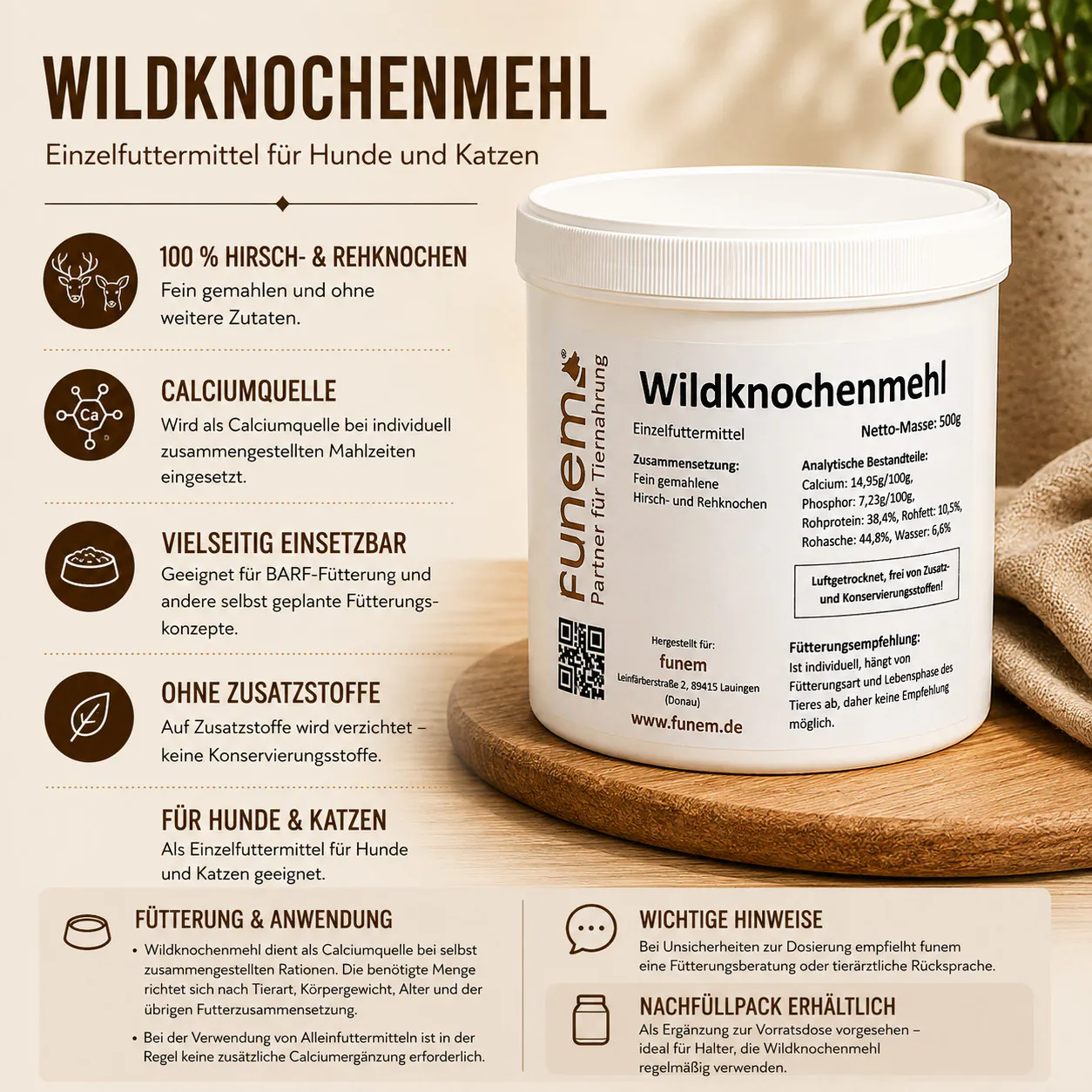 Wildknochenmehl von funem aus Hirsch und Reh mit Informationen zu Zusammensetzung und Verwendung als Calciumquelle