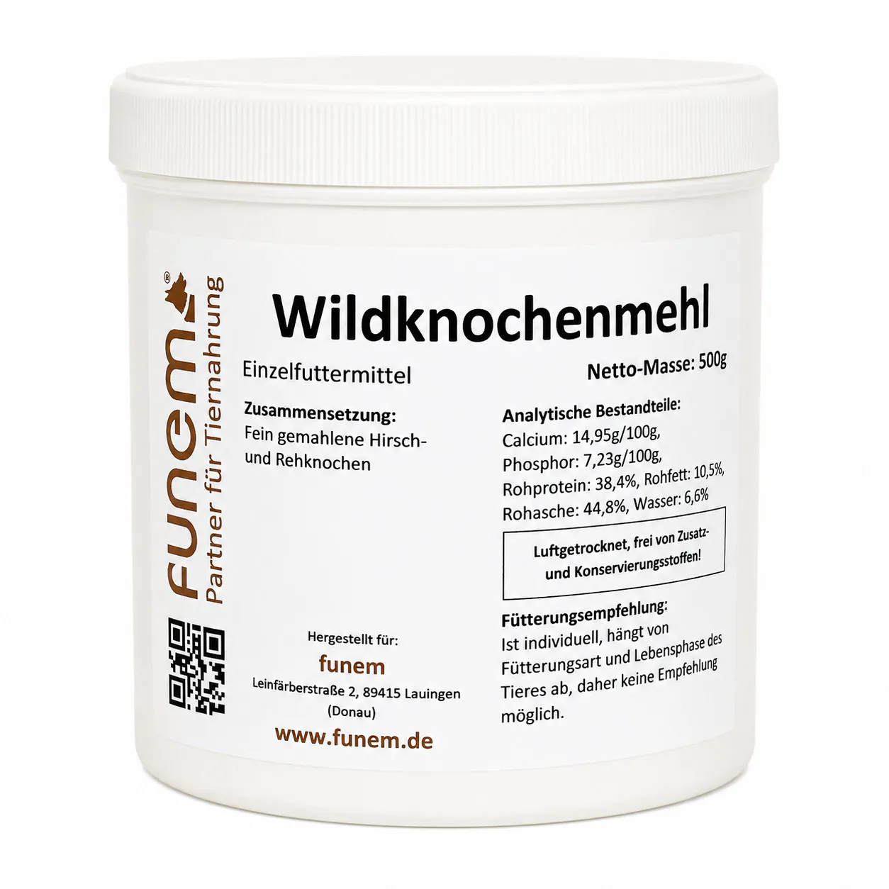 Wildknochenmehl aus 100 % Knochen von Hirsch und Reh von funem in der Vorratsdose