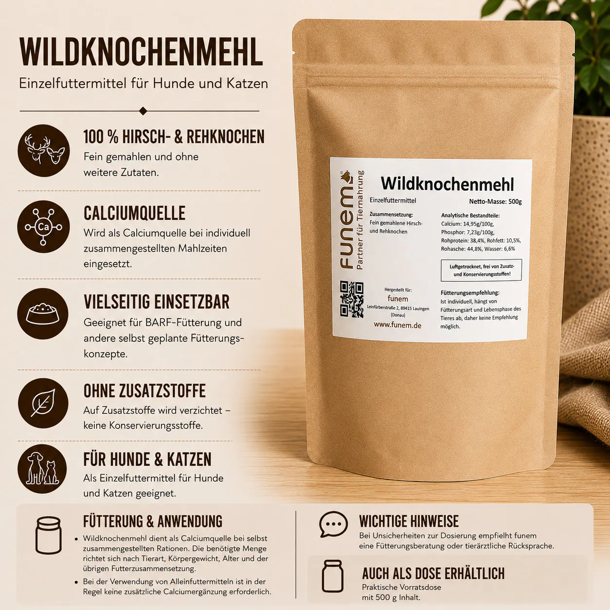 Wildknochenmehl Nachfüllpack von funem aus Hirsch und Reh mit Informationen zu Zusammensetzung und Anwendung