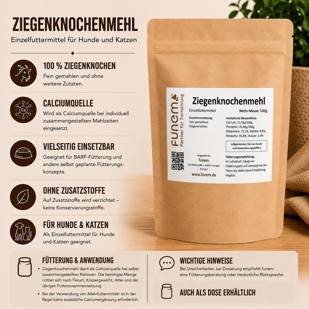 Ziegenknochenmehl Nachfüllpack von funem mit Informationen zu Zusammensetzung und Anwendung