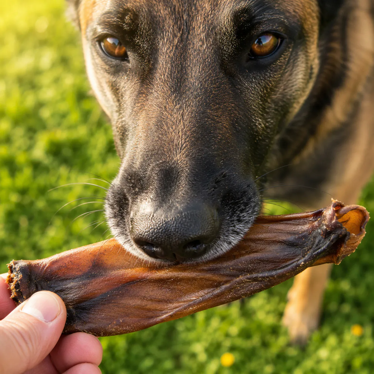 Hund kaut auf einem getrockneten Pferdeohr ohne Fell von funem
