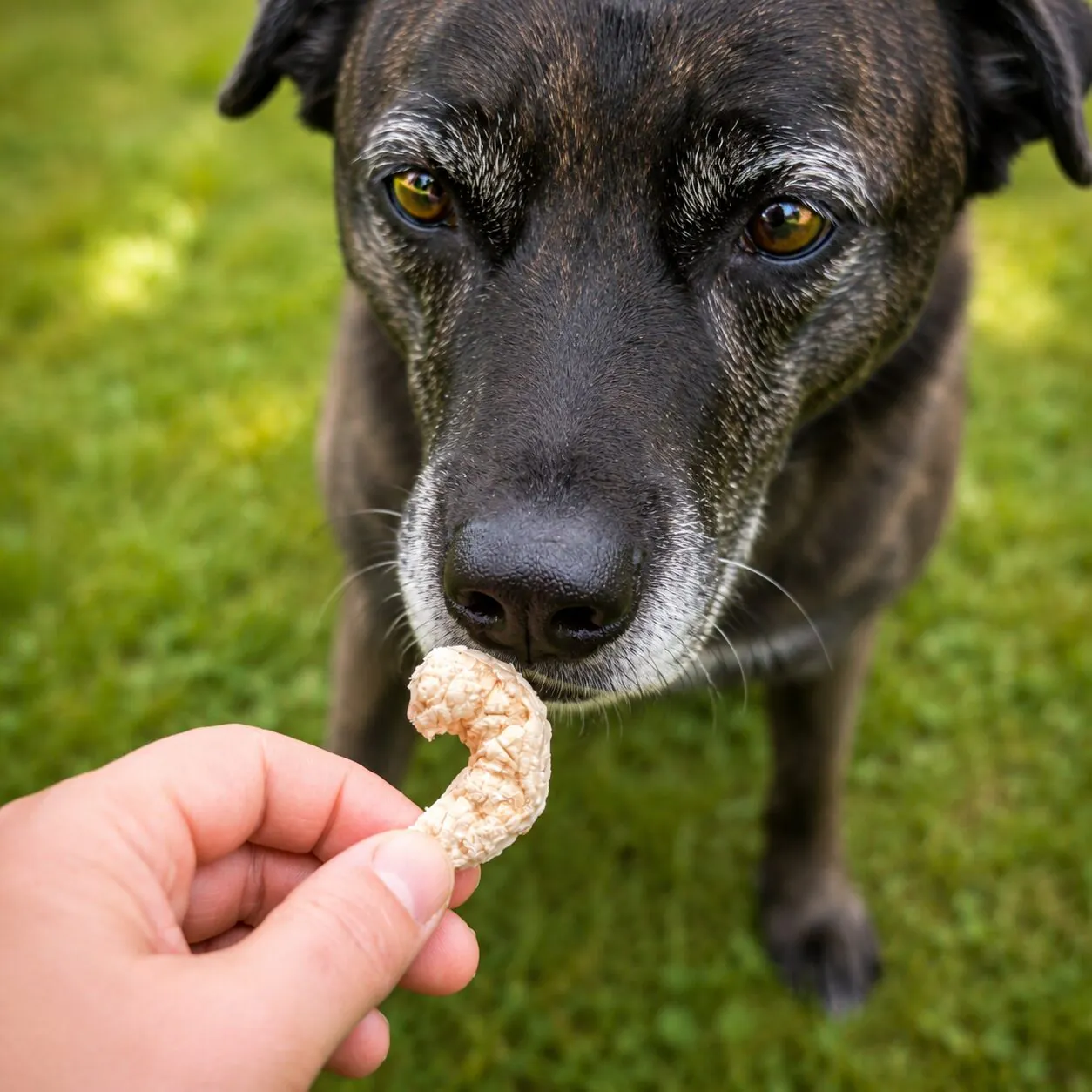 Hund bekommt Riesengarnelen gefriergetrocknet als Hundeleckerli