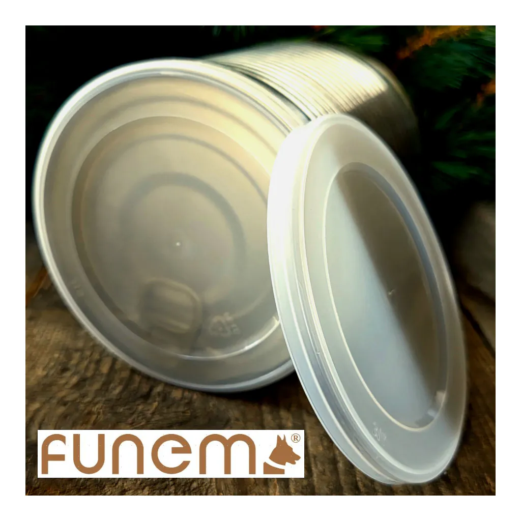 funem Dosendeckel für 400 g Hundefutterdose, BPA-frei, spülmaschinengeeignet, aufgesetzter Deckel und seitliche Profilansicht