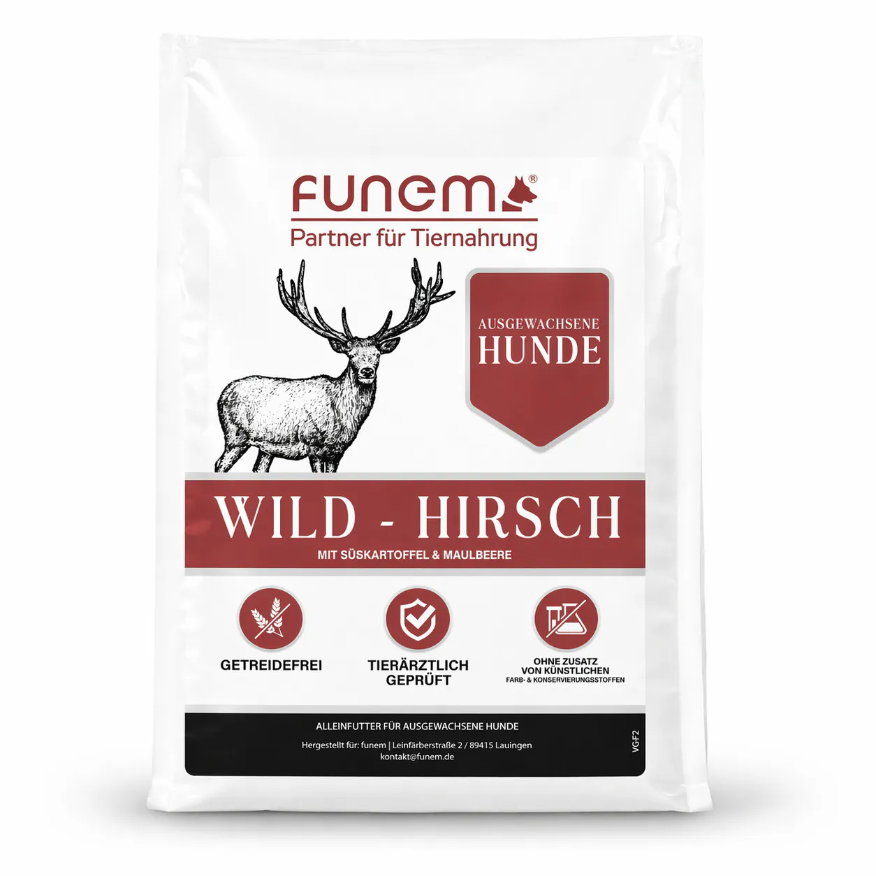 Trockenfutter Wild Hirsch mit Süßkartoffel und Maulbeeren für ausgewachsene Hunde von funem