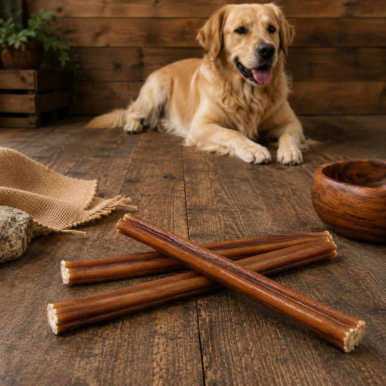 Ochsenziemer 20 cm als Kauartikel für Hunde mit Hund im Hintergrund