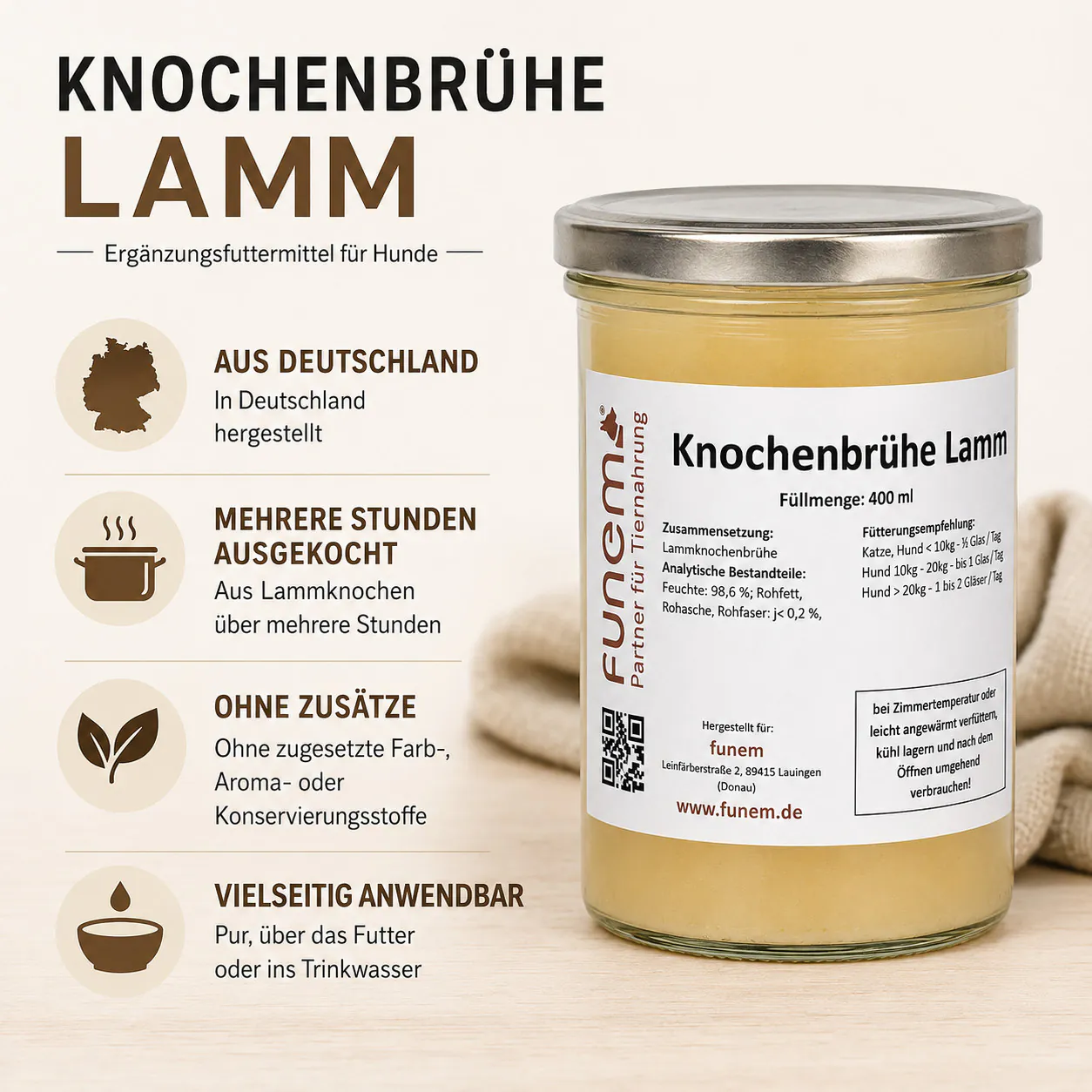 Informationsbild über Zusammensetzung, Herstellung und Anwendung der Knochenbrühe Lamm