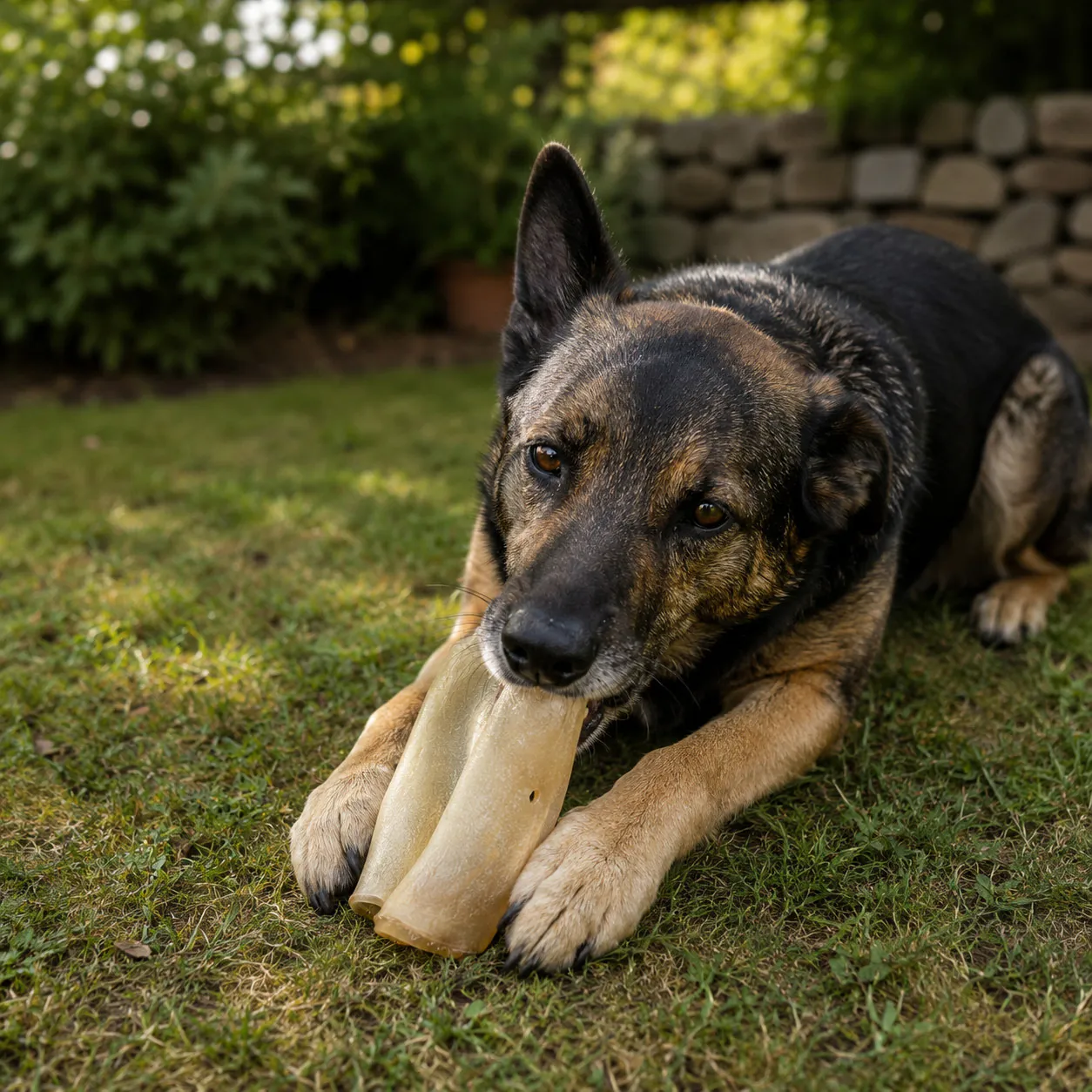 Hund kaut auf einem Rinderohr ohne Muschel im Garten