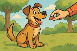 Leckerlis für Hunde – Comic-Hund erhält ein Leckerli als Zeichen von Vertrauen.