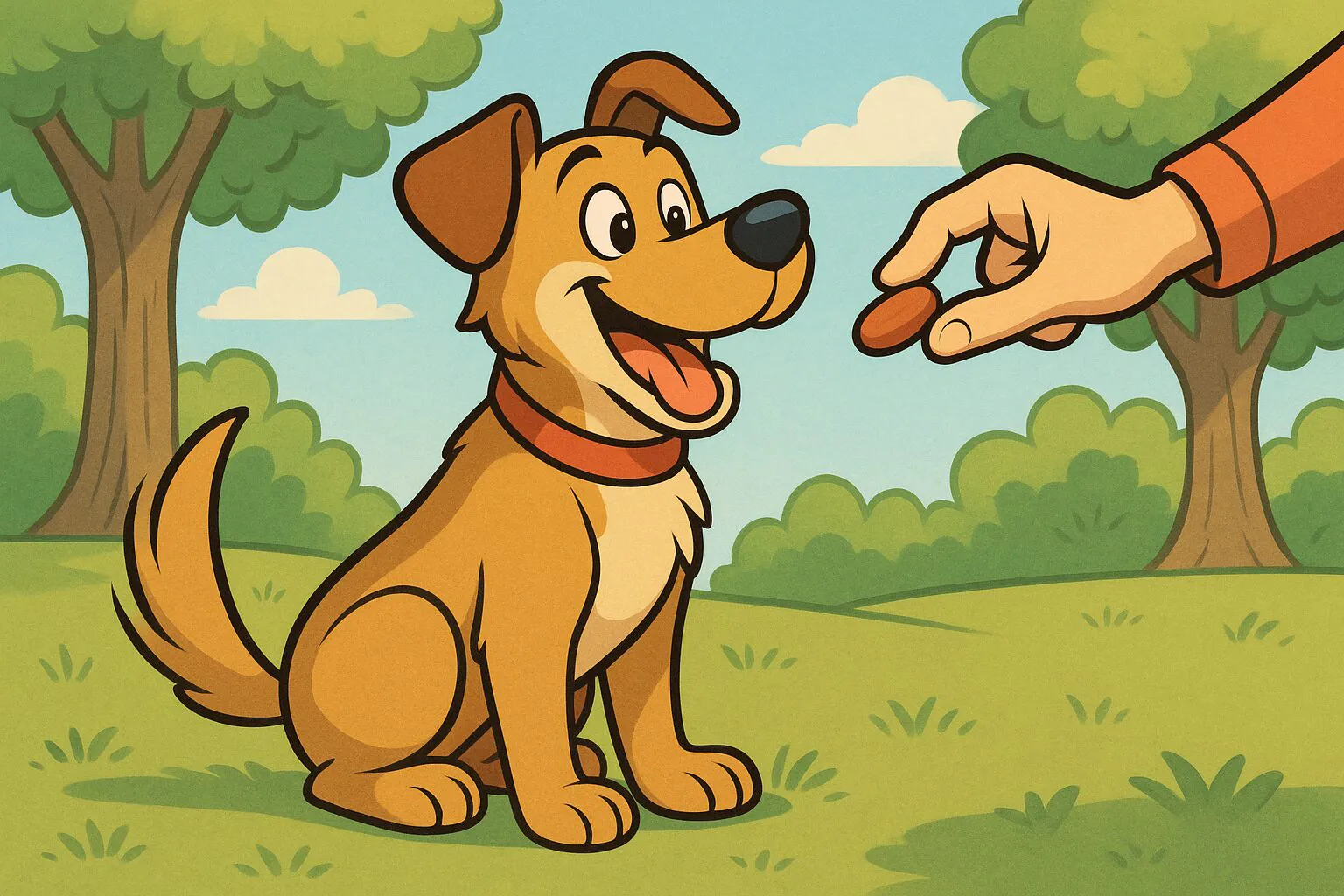 Leckerlis für Hunde – Kommunikation statt Futterbelohnung Leckerlis für Hunde – Comic-Hund erhält ein Leckerli als Zeichen von Vertrauen.