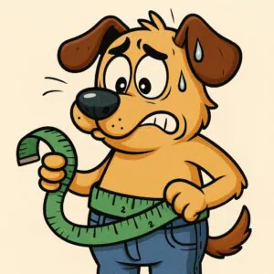 Comic-Hund mit Maßband um den Bauch schaut erschrocken auf sein Gewicht – humorvolle Darstellung zum Thema zu viele Leckerlis beim Hund.