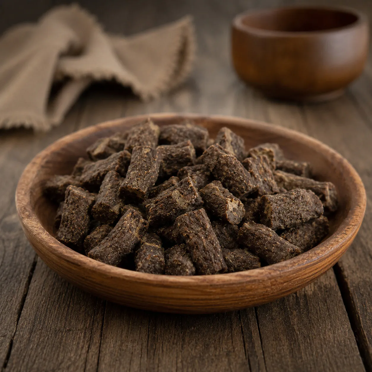 funem Büffelpellets in einer Holzschale auf rustikalem Holztisch