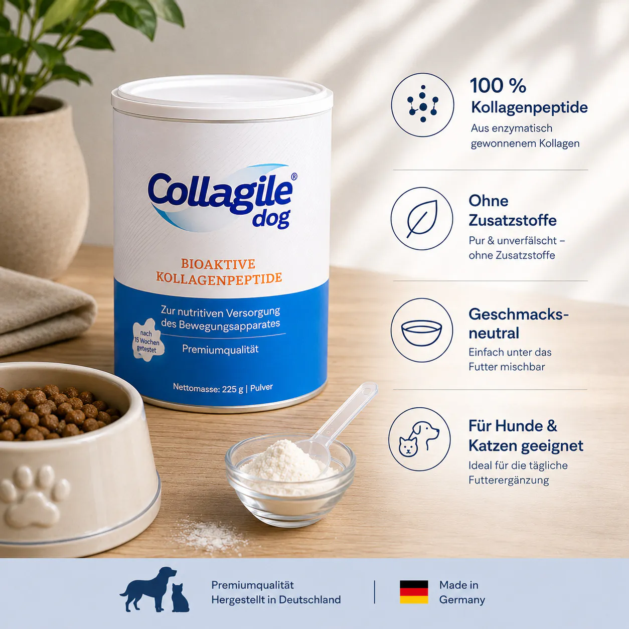 Collagile dog Pulver mit bioaktiven Kollagenpeptiden und Produktinformationen