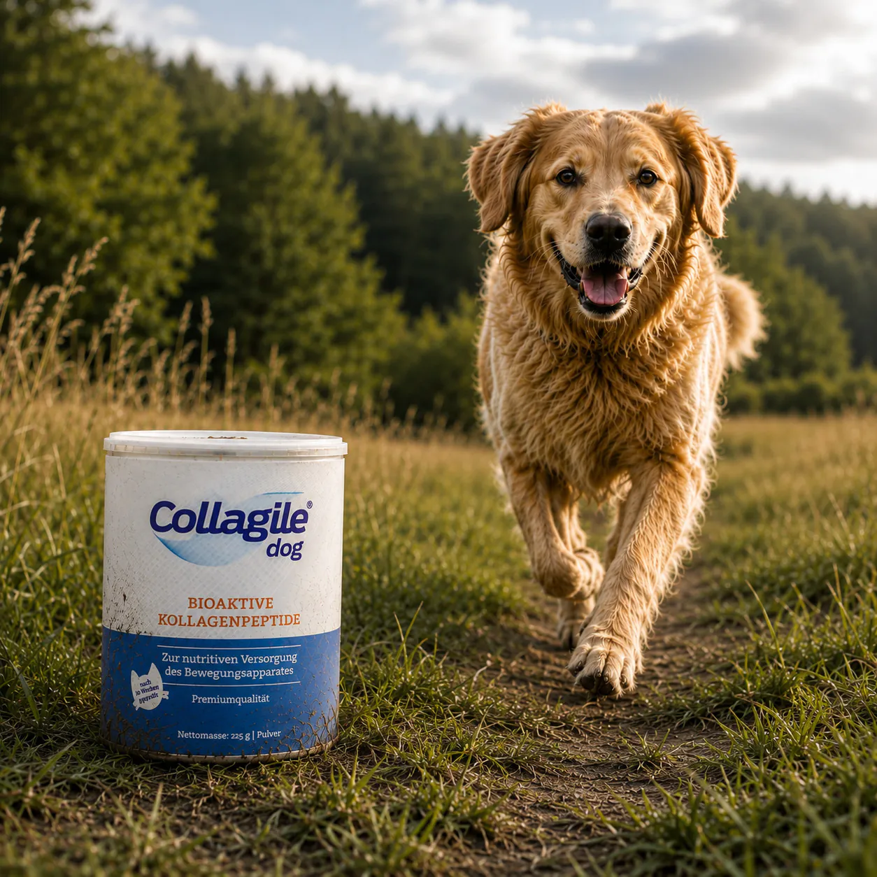 Golden Retriever neben Collagile dog mit bioaktiven Kollagenpeptiden im Außenbereich