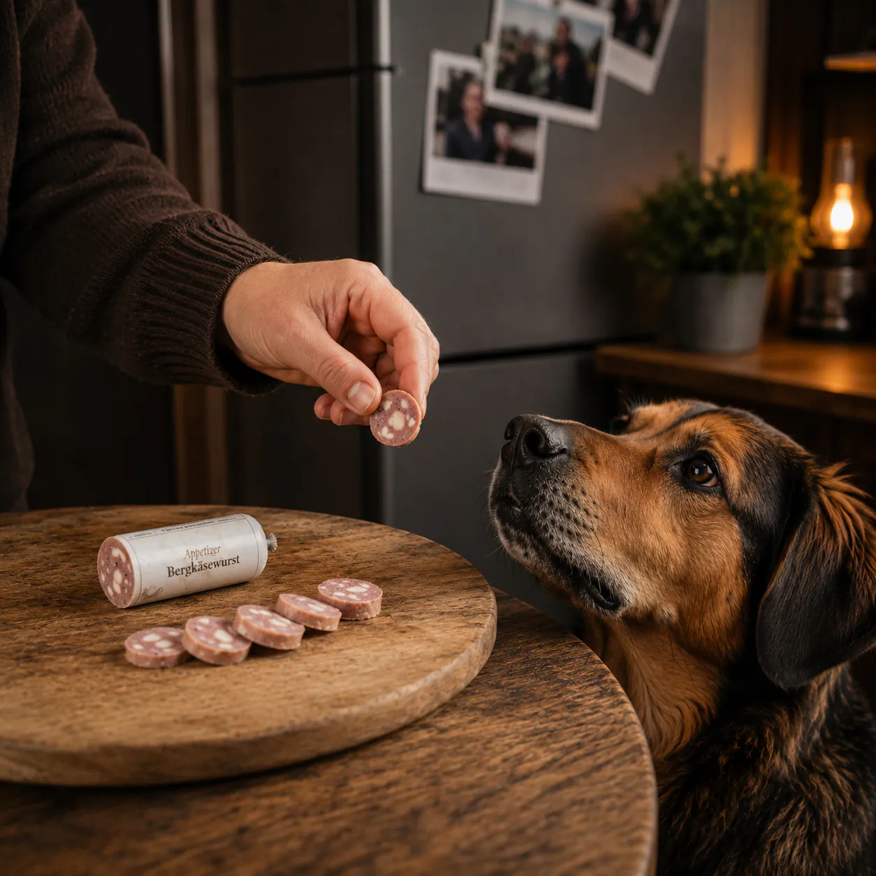 Hund erhält eine Scheibe der my Appetizer Bergkäsewurst