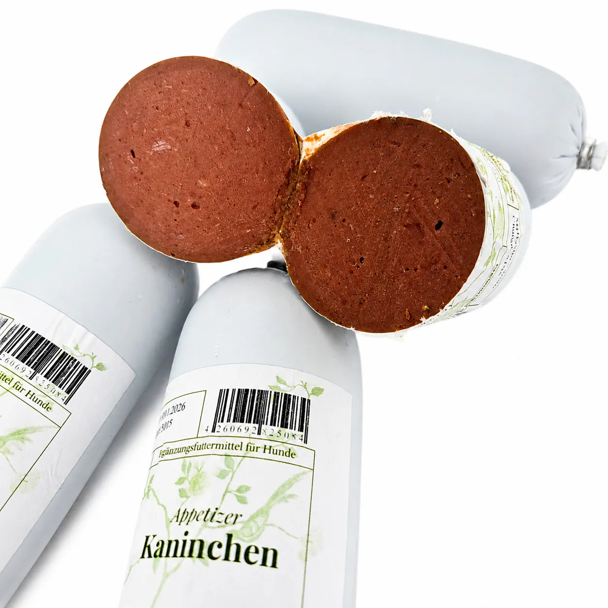 Angeschnittene my Appetizer Kaninchen Hundewurst mit sichtbarer Fleischstruktur