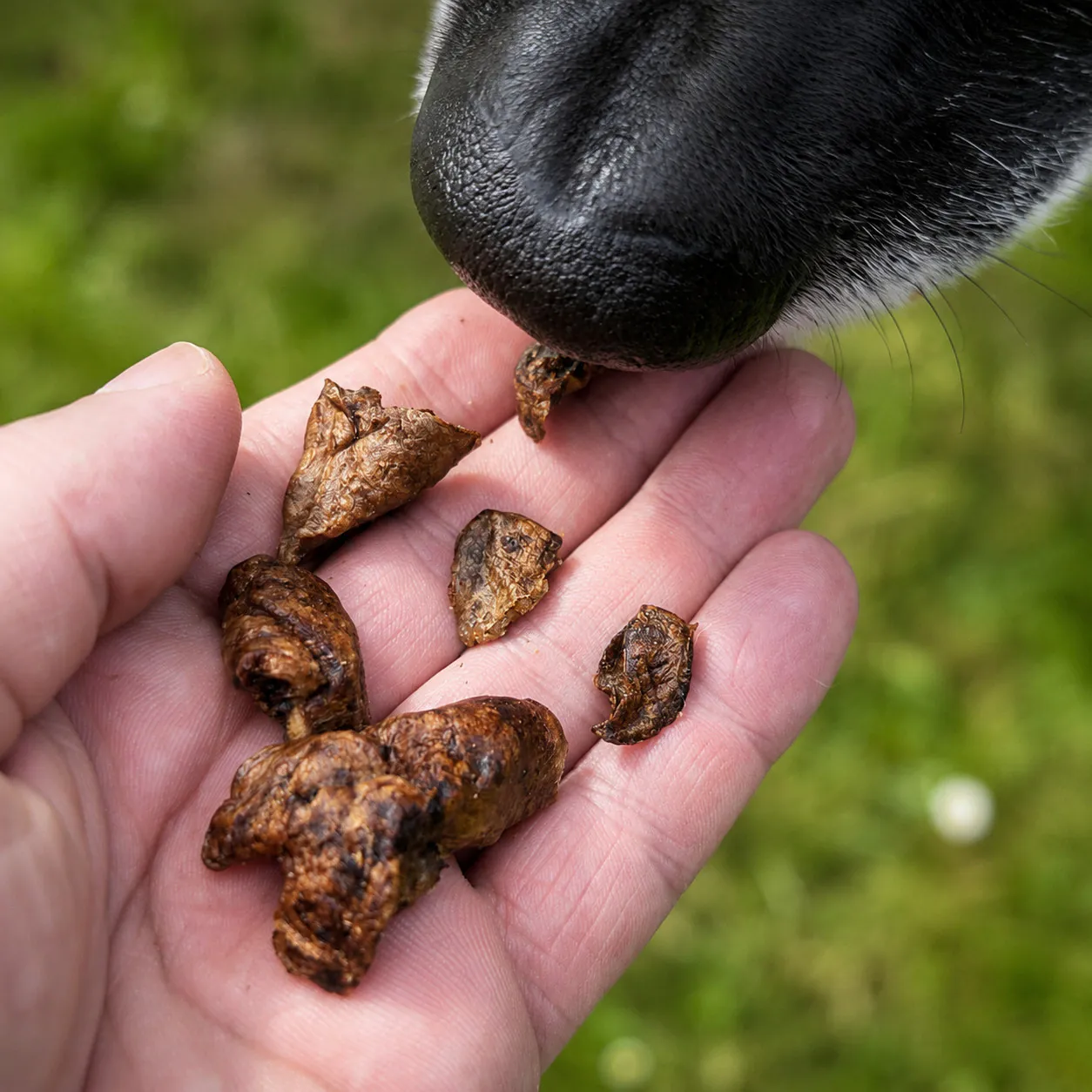 Hund frisst getrocknete Kaninchenlunge aus der Hand