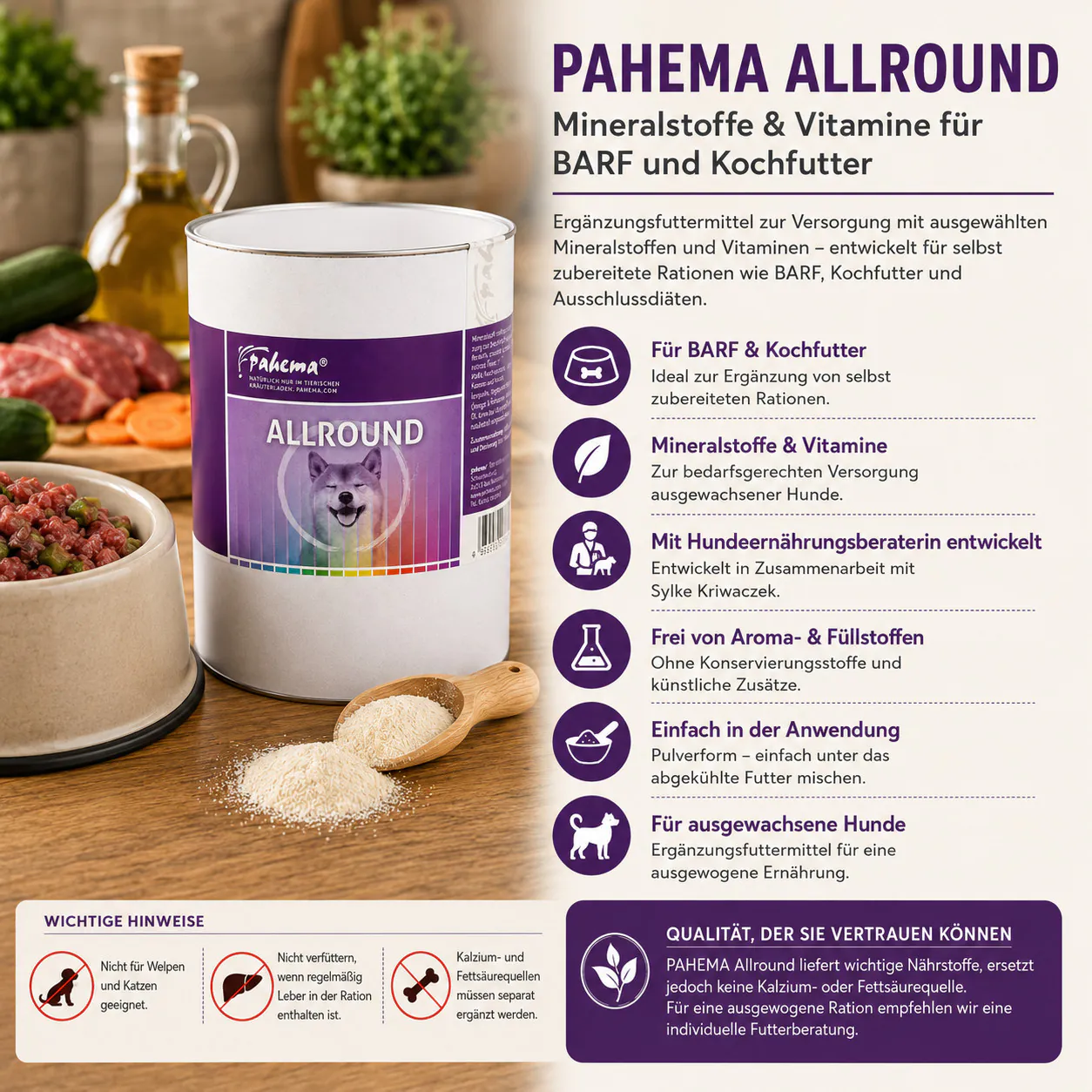 Infografik zu PAHEMA Allround für BARF und Kochfutter
