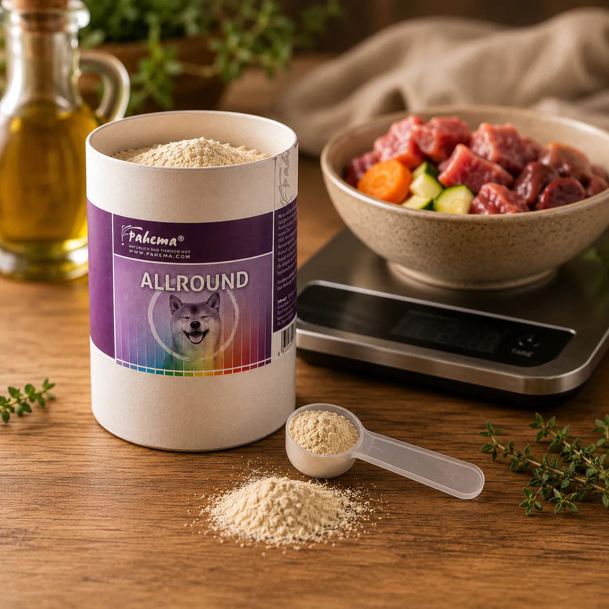 PAHEMA Allround Pulver neben selbst zubereitetem Hundefutter