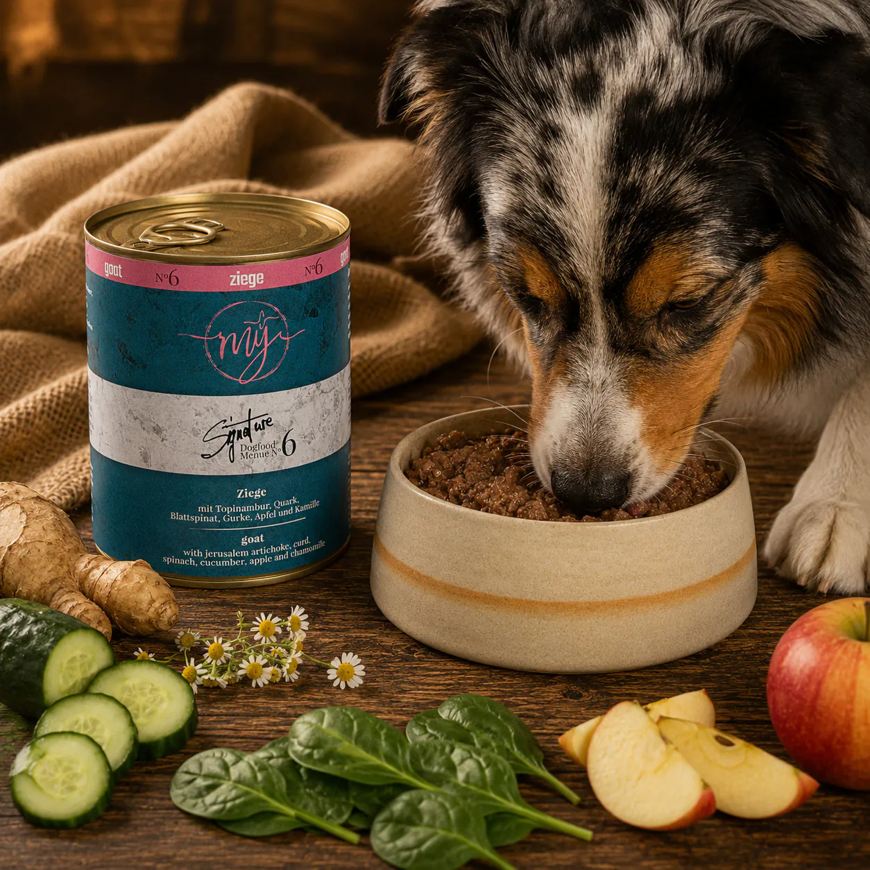 Hund frisst Nassfutter aus Napf neben my Signature Menü No. 6 Ziege