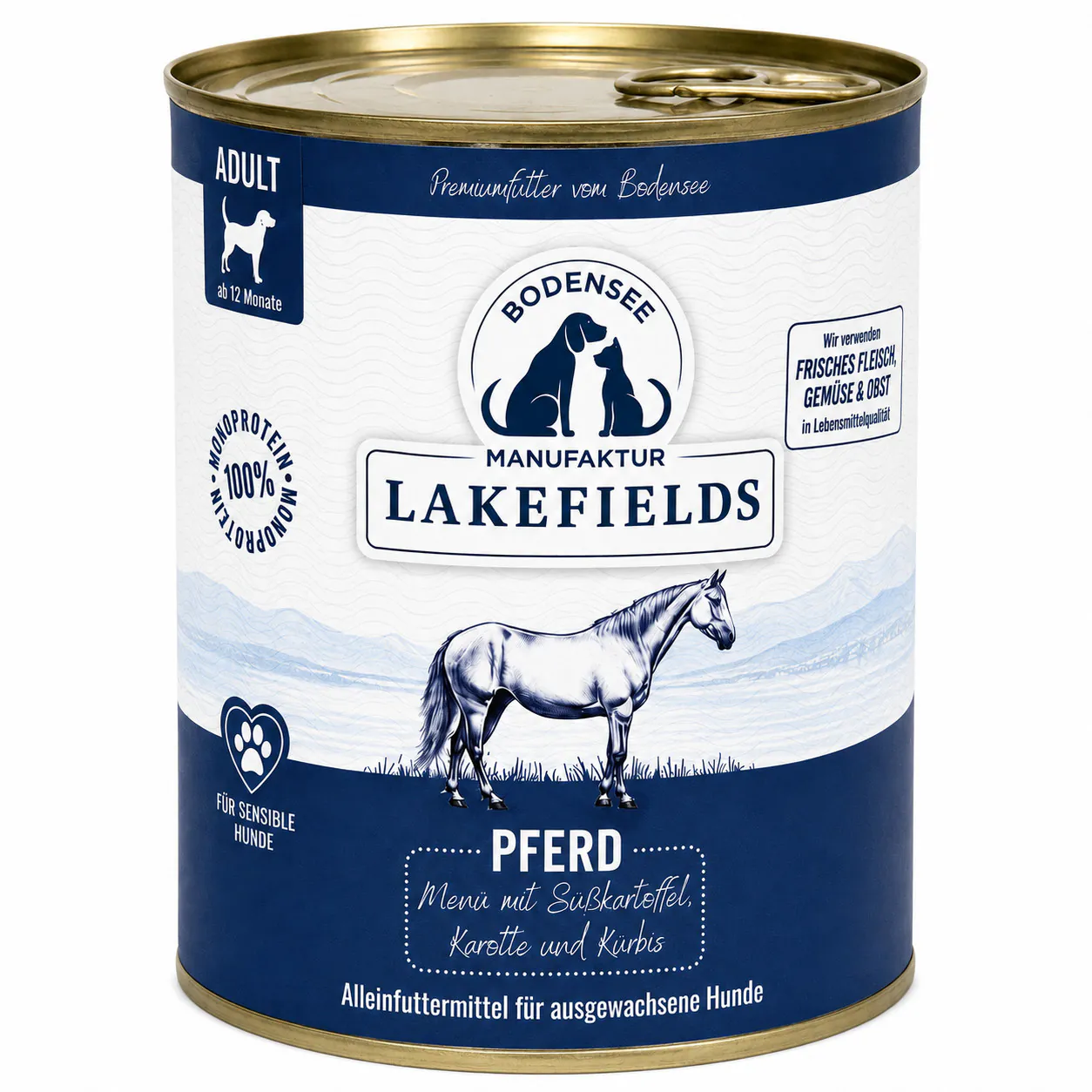 Geschlossene Dose Lakefields Nassfutter Menü Pferd mit Süßkartoffeln, Karotte und Kürbis