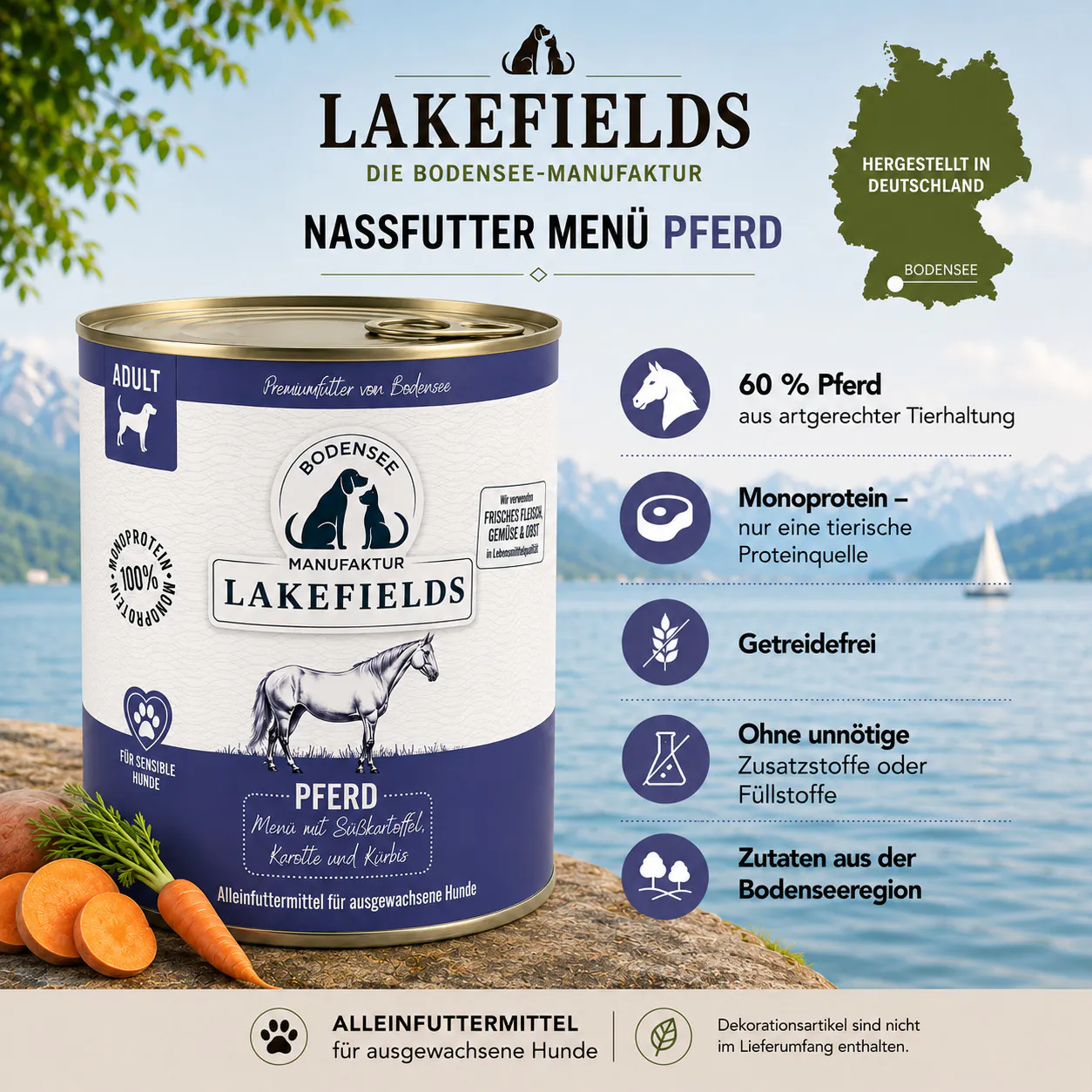Lakefields Nassfutter Menü Pferd mit Informationen zu Pferdefleisch, Monoprotein und getreidefreier Rezeptur