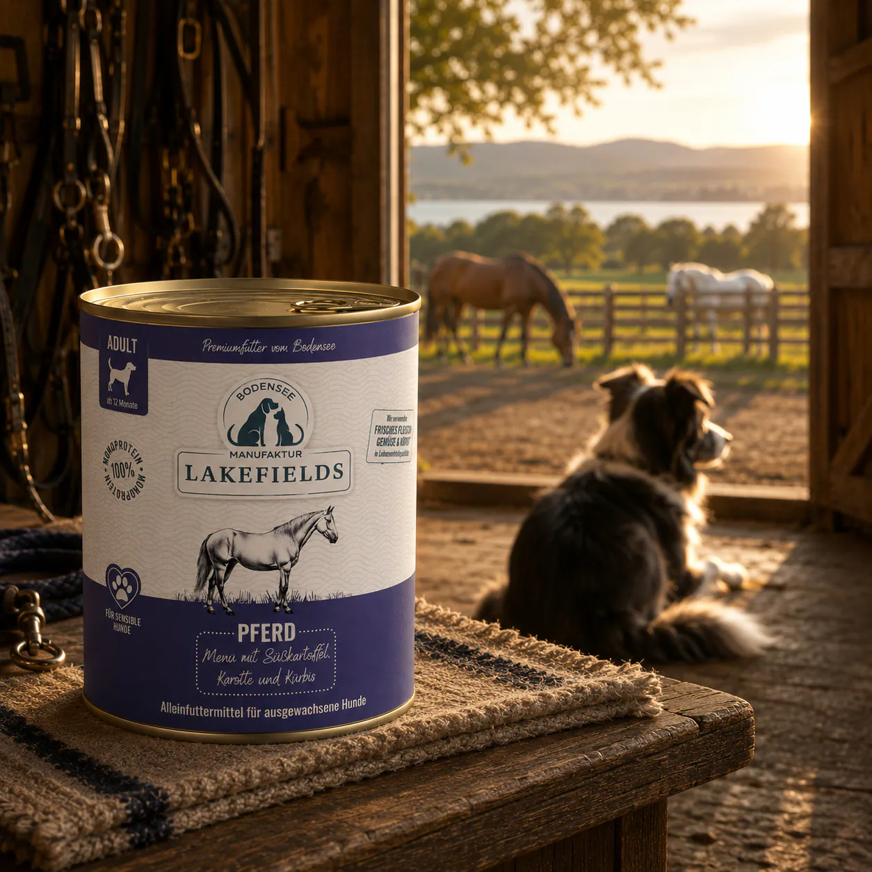 Dose Lakefields Nassfutter Menü Pferd auf einem Holztisch mit Hund und Pferden im Hintergrund