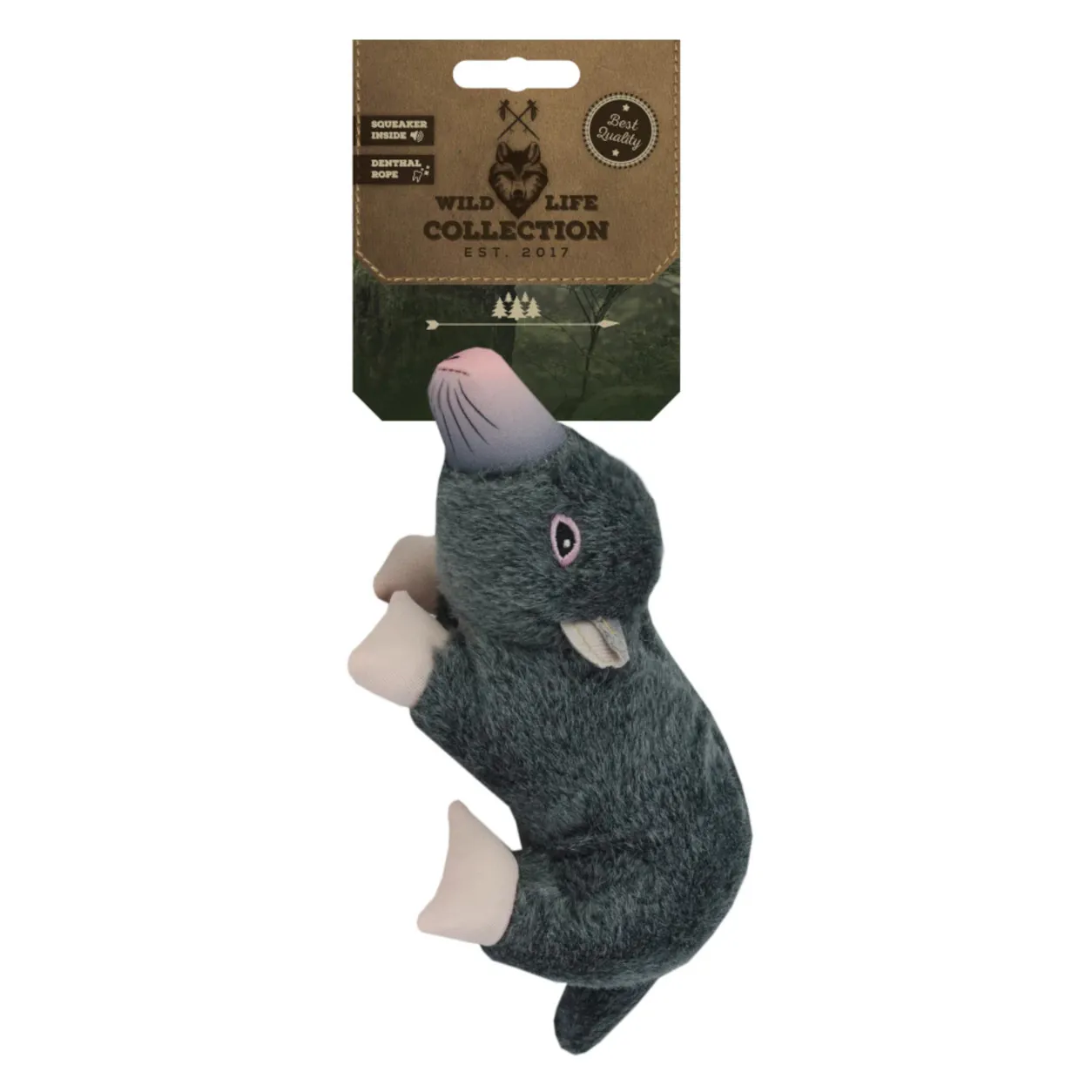 Wild Life Dog Maulwurf aus dunkelgrauem Plüsch mit Verpackung der Wild Life Collection