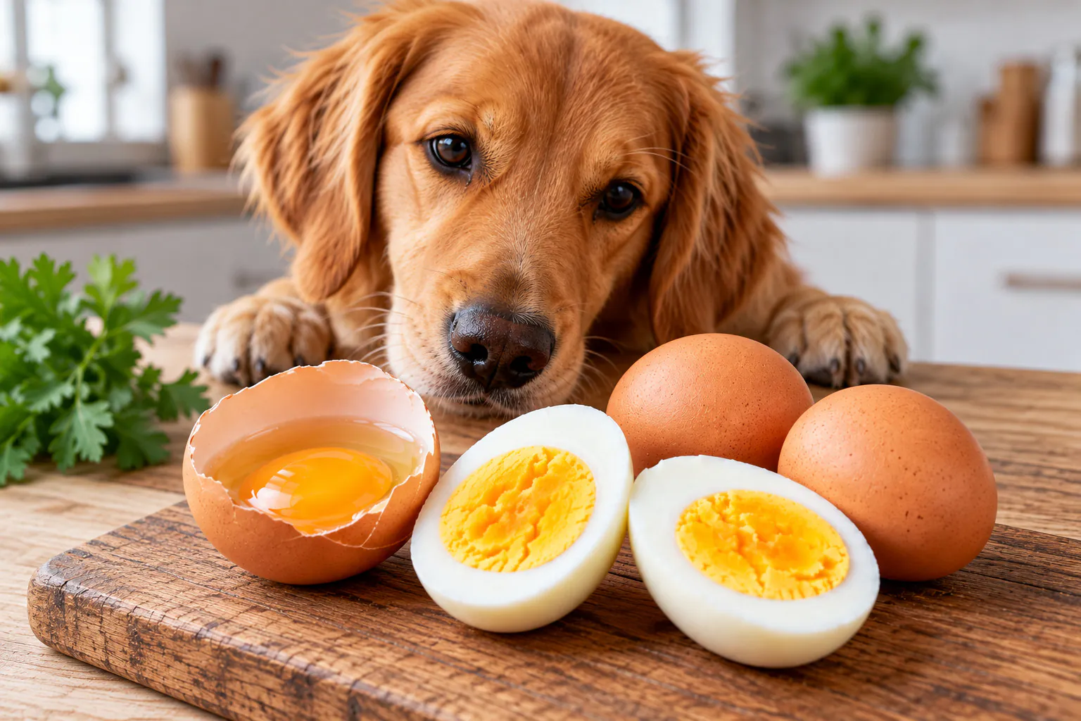 Darf ein Hund Eier essen? Darf ein Hund Eier essen? Hund in der Küche mit Eiern auf der Arbeitsplatte