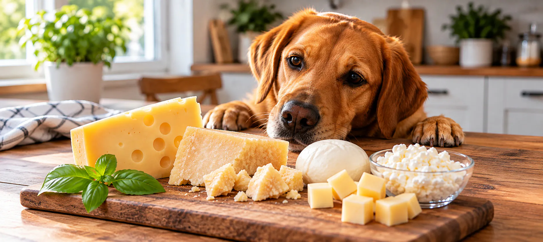 Darf ein Hund Käse essen? Darf ein Hund Käse essen? Hund vor verschiedenen Käsesorten wie Hartkäse, Weichkäse und Hüttenkäse