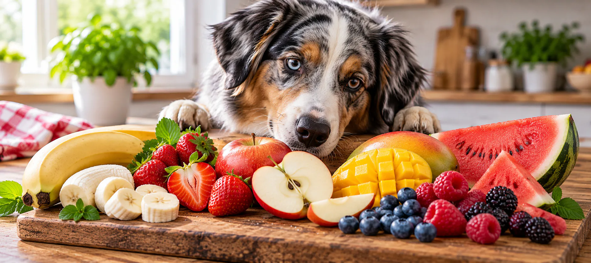 Darf ein Hund Obst essen? Hund mit verschiedenen Obstsorten