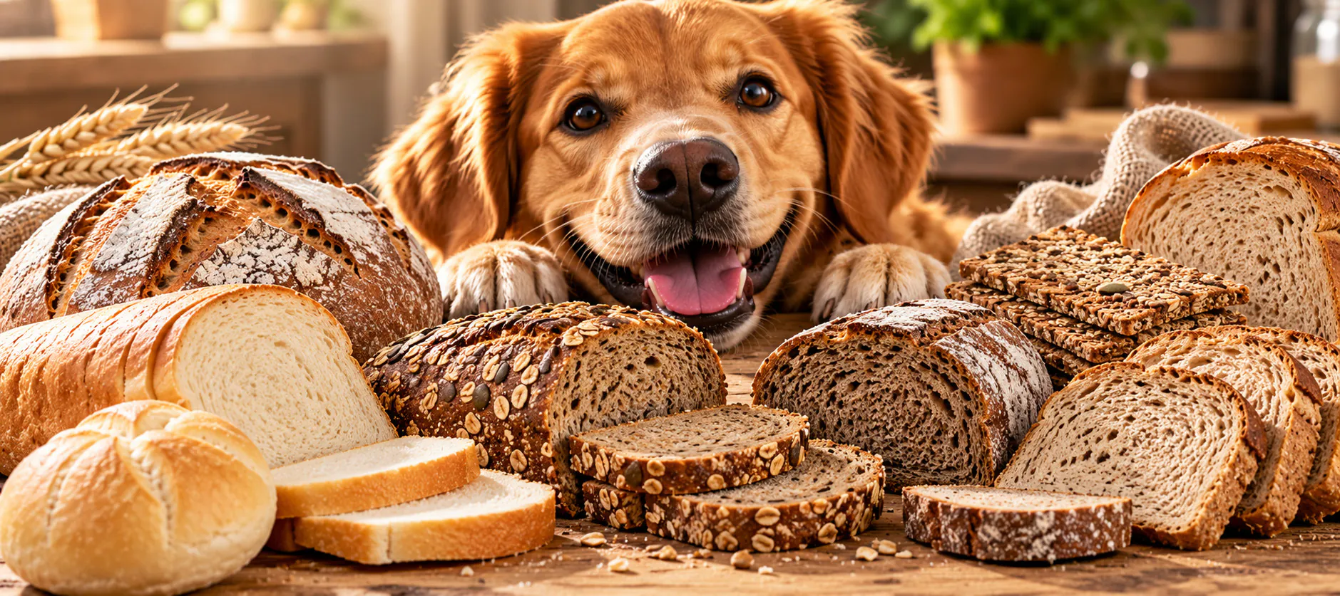 Darf ein Hund Brot essen? Hund mit verschiedenen Brotsorten