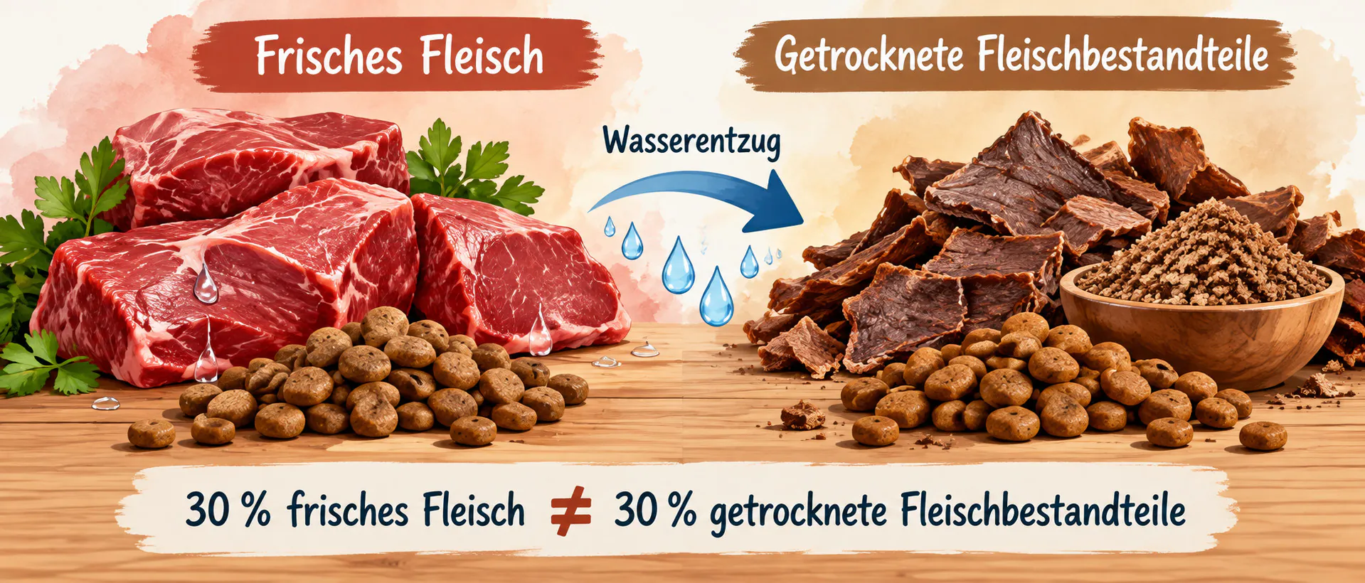 Frisches und getrocknetes Fleisch im Trockenfutter