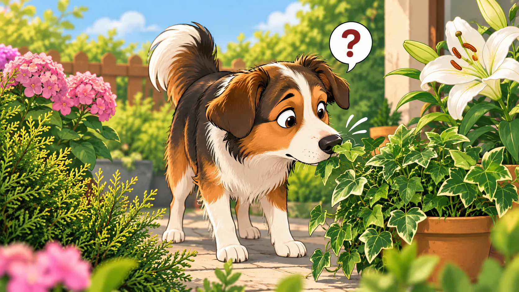Gefährliche Pflanzen für Hunde Gefährliche Pflanzen für Hunde – Hund schnuppert im Garten an verschiedenen Pflanzen
