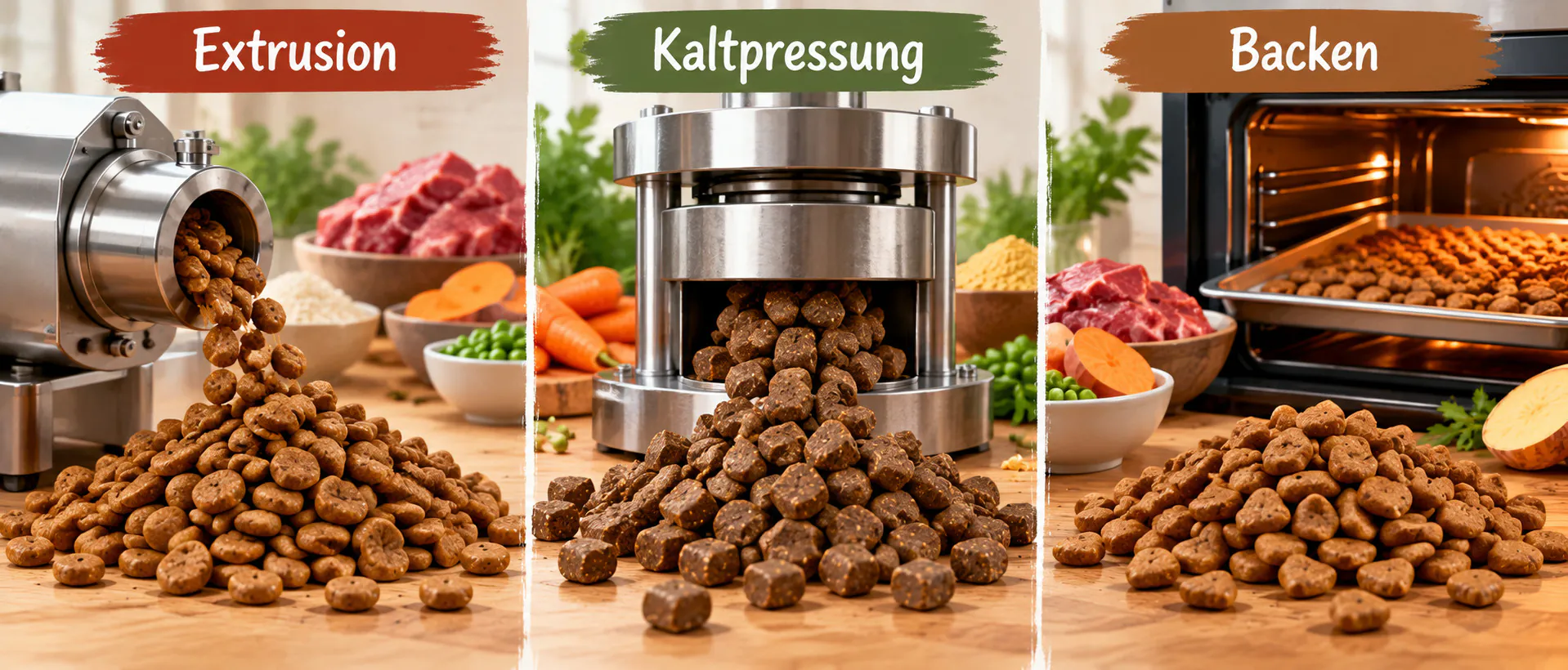 Herstellungsverfahren für Trockenfutter – Extrusion, Kaltpressung und Backen