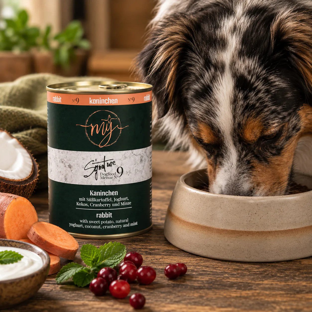 Hund neben my Signature Menü No. 9 Kaninchen beim Fressen