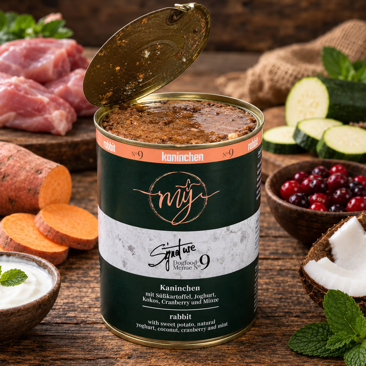 Geöffnete Dose my Signature Menü No. 9 Kaninchen mit Süßkartoffel, Joghurt, Kokos und Cranberry